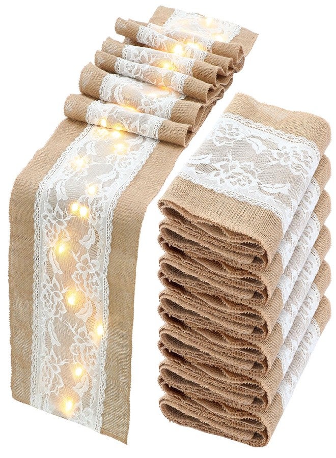 Xinnun 6 Pack Burlap Table Runner with LED String Lights Lace Rustic Natural Vintage Boho Jute Runner for Farmhouse Wedding Thanksgiving Decor(Fashion,12x108 Inches) - Image 1
