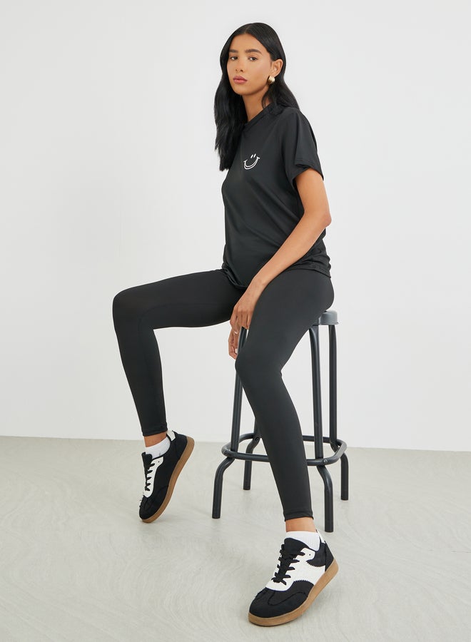 Take Two Smiley Face Print Short Sleeve T-Shirt and Leggings Co-Ords - Image 1