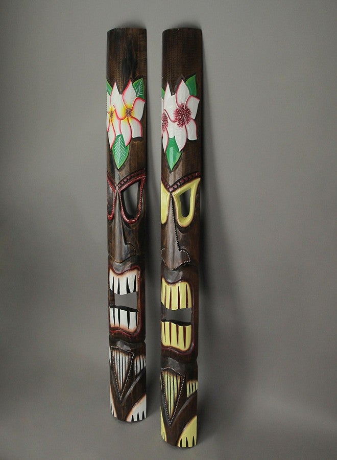 Things2Die4 Hand Crafted Wooden Plumeria Flower Tropical Tiki Wall Masks 39 Inch Set of 2, Brown - Image 2