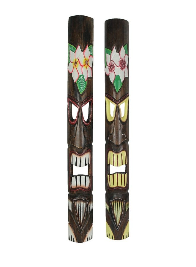 Things2Die4 Hand Crafted Wooden Plumeria Flower Tropical Tiki Wall Masks 39 Inch Set of 2, Brown - Image 1