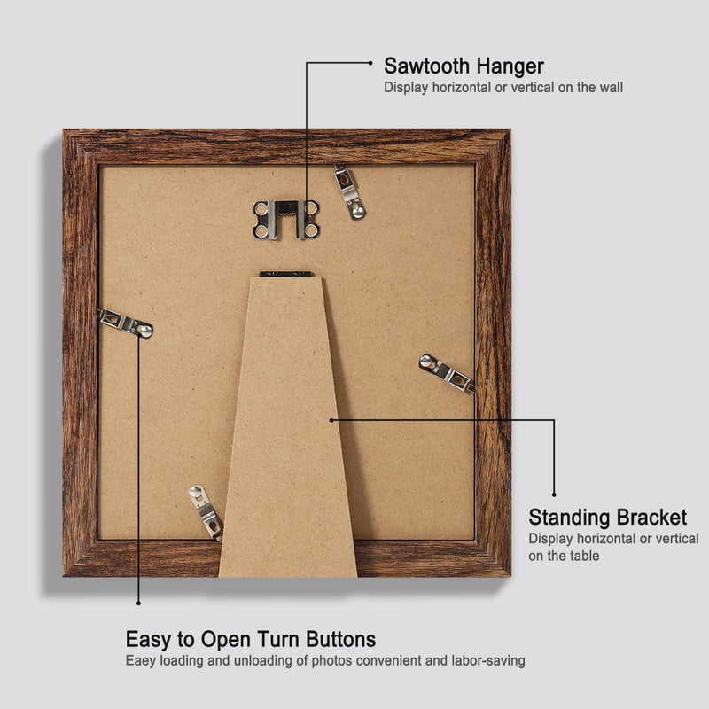 Hongkee 8x8 Picture Frames Set of 4, Made of Glass and Rustic Brown Wooden Frame - Display Picture 6x6 with Mat or 8 x 8 Without Mat, 8 by 8 Photo for Wall or Tabletop - Image 3