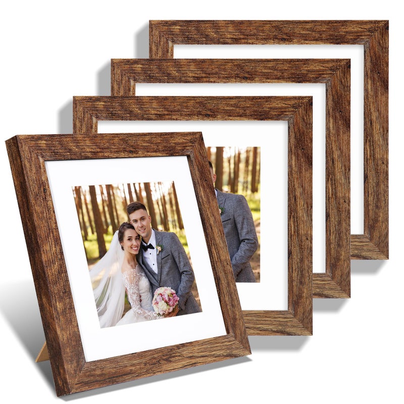 Hongkee 8x8 Picture Frames Set of 4, Made of Glass and Rustic Brown Wooden Frame - Display Picture 6x6 with Mat or 8 x 8 Without Mat, 8 by 8 Photo for Wall or Tabletop - Image 1