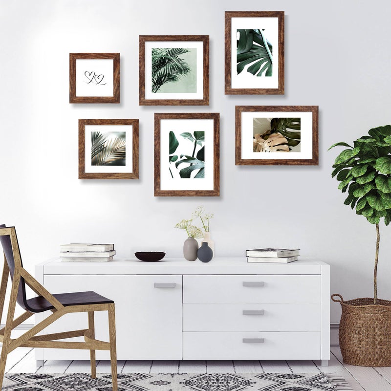 Hongkee 8x8 Picture Frames Set of 4, Made of Glass and Rustic Brown Wooden Frame - Display Picture 6x6 with Mat or 8 x 8 Without Mat, 8 by 8 Photo for Wall or Tabletop - Image 4