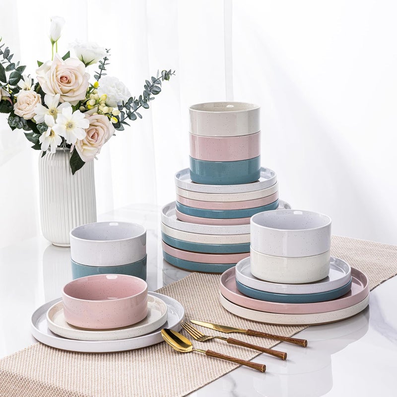 AmorArc Ceramic Dinnerware Set for 4  Handpainted Stoneware Plates and Bowls with Rustic unglazed terracotta  Scratch Resistant Dishwasher  Microwave Safe Dishes Sets 12Pcs Colorful - Image 5