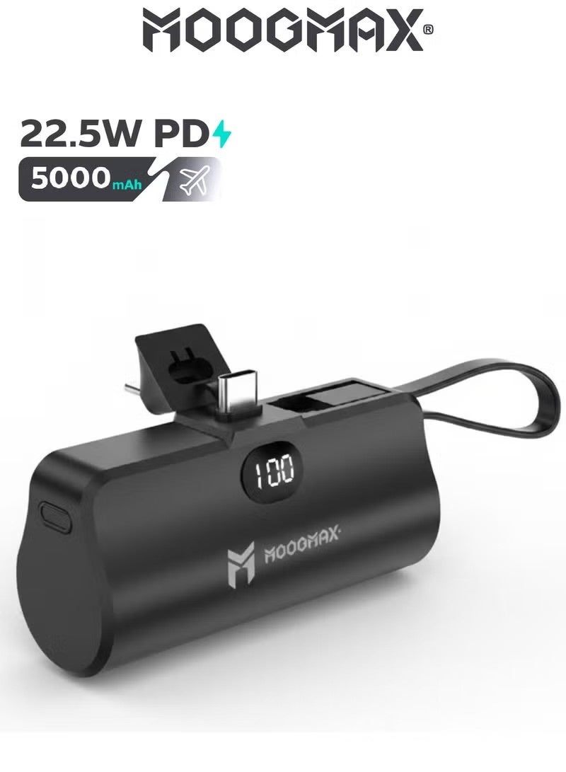 MOOGMAX 5000mAh 22.5W Portable Power Bank with Built-in USB-C and Lightning Cables - Black