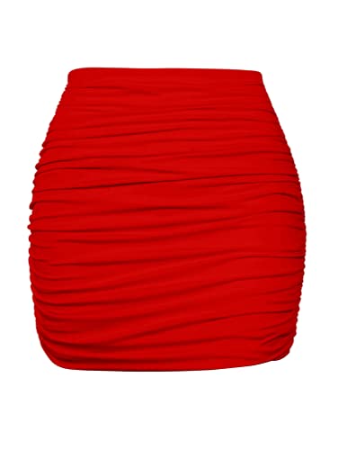 YMDUCH Women's Sexy High Waist Solid Tight Ruched Bodycon Mini Club Skirt Red - Image 5