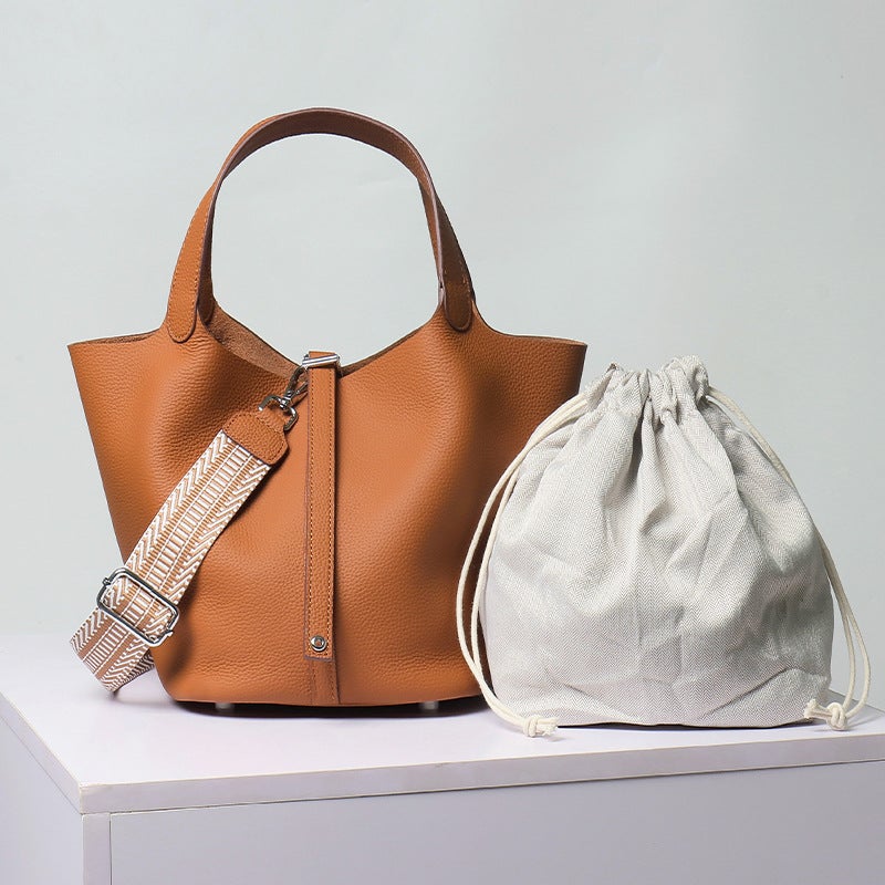 Genuine Leather Women's Bucket Bag Handbag with Long Shoulder Strap - Image 4