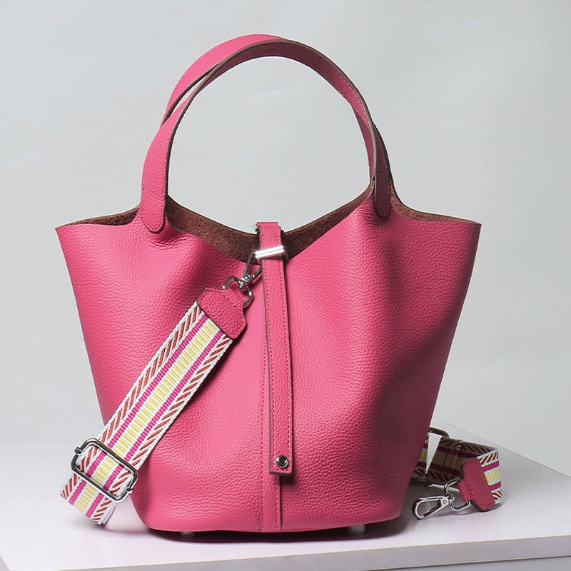 Genuine Leather Women's Bucket Bag Handbag with Long Shoulder Strap - Image 1