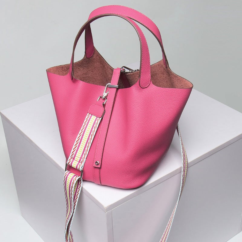 Genuine Leather Women's Bucket Bag Handbag with Long Shoulder Strap - Image 2