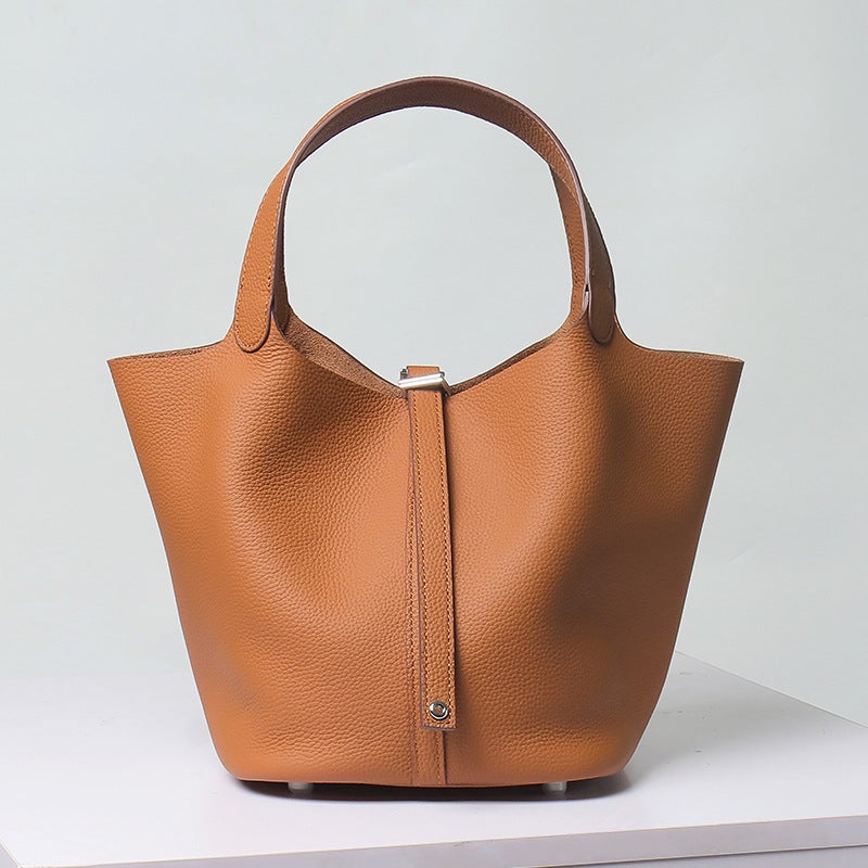 Genuine Leather Women's Bucket Bag Handbag with Long Shoulder Strap - Image 5