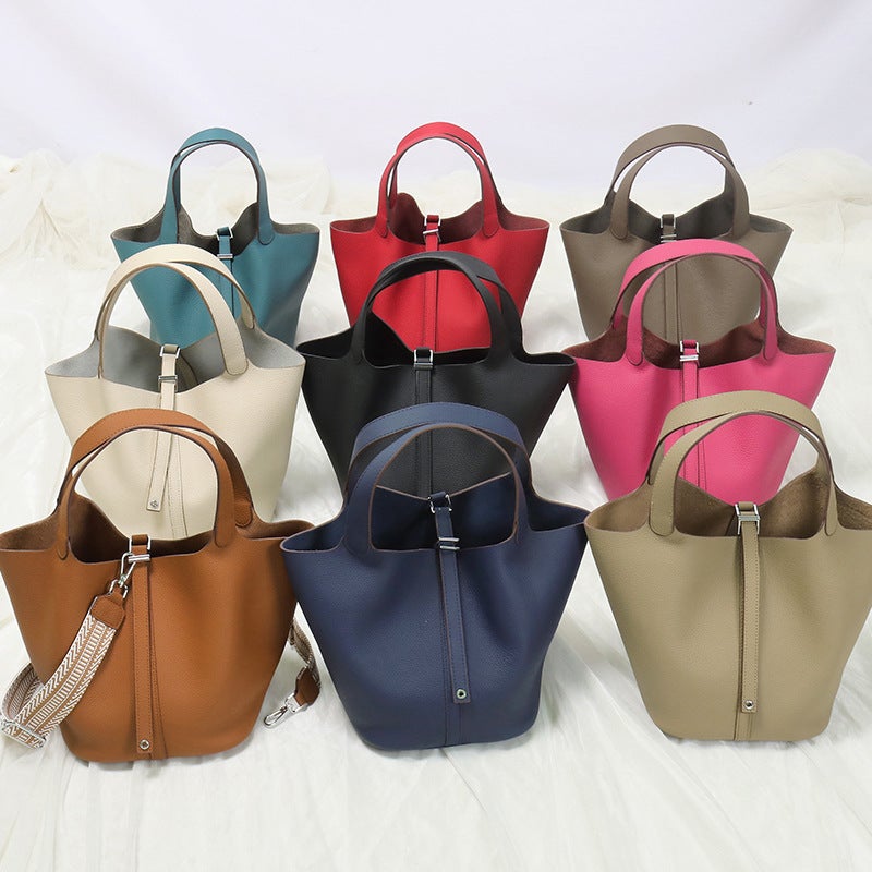 Genuine Leather Women's Bucket Bag Handbag with Long Shoulder Strap - Image 3