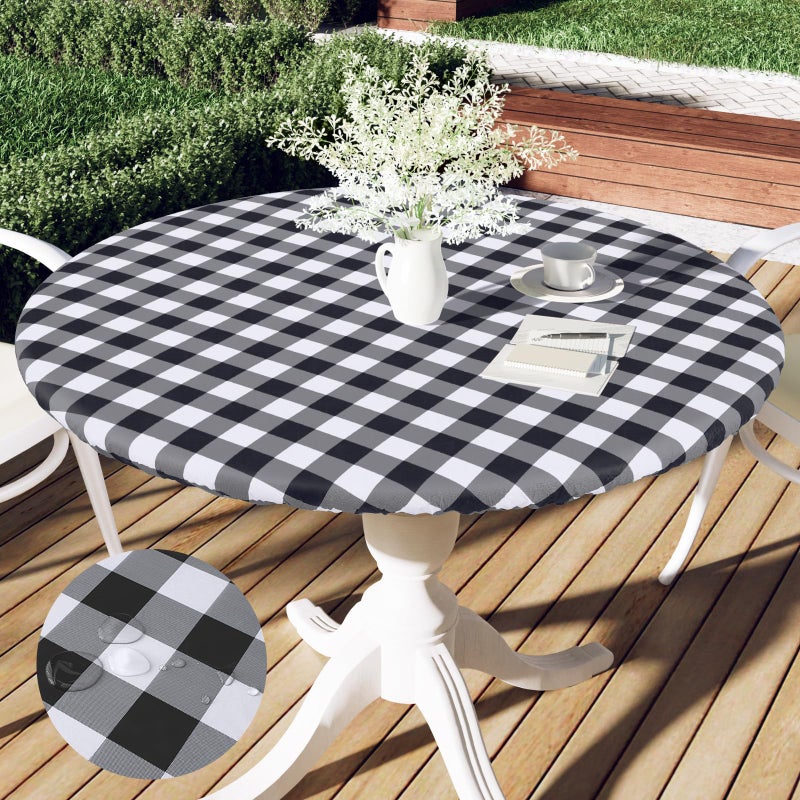 Smiry Round Picnic Table Cloth Elastic Waterproof Fitted Vinyl Tablecloth for 3644 Tables Flannel Backed Buffalo Plaid Table Covers for Dining Camping Outdoor Black and White