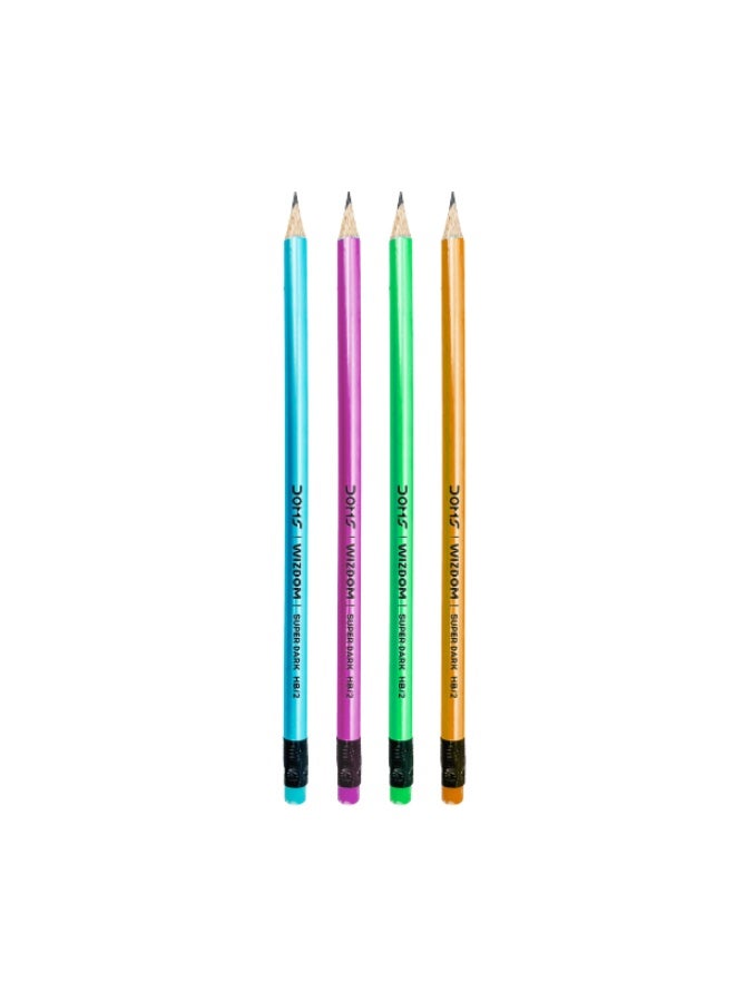 DOMS WIZDOM Eraser-Tipped Super Dark HB/2 Graphite Pencils – Pack of 12, Round Shaped, Multicoloured – Includes 15cm Scale, Pencil Gripper & Sharpener - Image 3