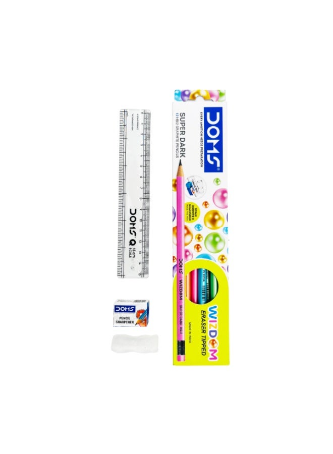 DOMS WIZDOM Eraser-Tipped Super Dark HB/2 Graphite Pencils – Pack of 12, Round Shaped, Multicoloured – Includes 15cm Scale, Pencil Gripper & Sharpener - Image 2