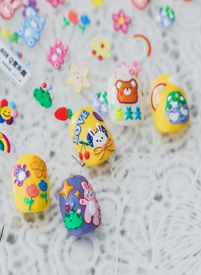 Dedyel Cute Kids 5D Embossed Self-Adhesive Nail Stickers Including Cute Bears Rabbits Flowers Rainbow Sun Balloons Fruits and More for Little Girls Women Nail Art Decoration Fun(3 Sheets) - Image 1