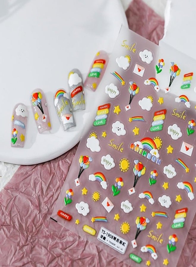 Dedyel Cute Kids 5D Embossed Self-Adhesive Nail Stickers Including Cute Bears Rabbits Flowers Rainbow Sun Balloons Fruits and More for Little Girls Women Nail Art Decoration Fun(3 Sheets) - Image 4