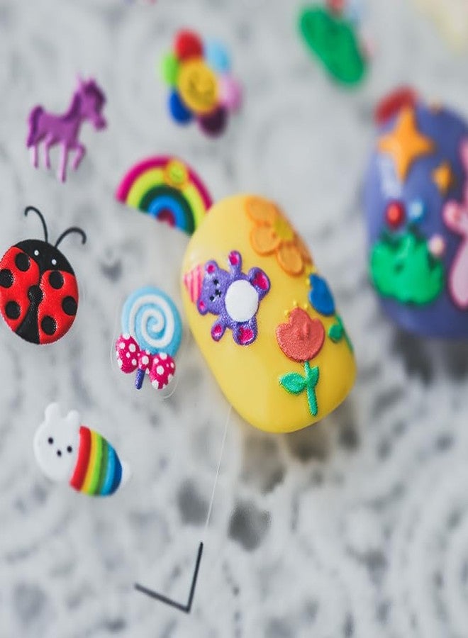 Dedyel Cute Kids 5D Embossed Self-Adhesive Nail Stickers Including Cute Bears Rabbits Flowers Rainbow Sun Balloons Fruits and More for Little Girls Women Nail Art Decoration Fun(3 Sheets) - Image 3