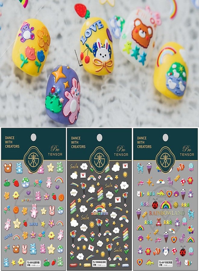 Dedyel Cute Kids 5D Embossed Self-Adhesive Nail Stickers Including Cute Bears Rabbits Flowers Rainbow Sun Balloons Fruits and More for Little Girls Women Nail Art Decoration Fun(3 Sheets) - Image 2