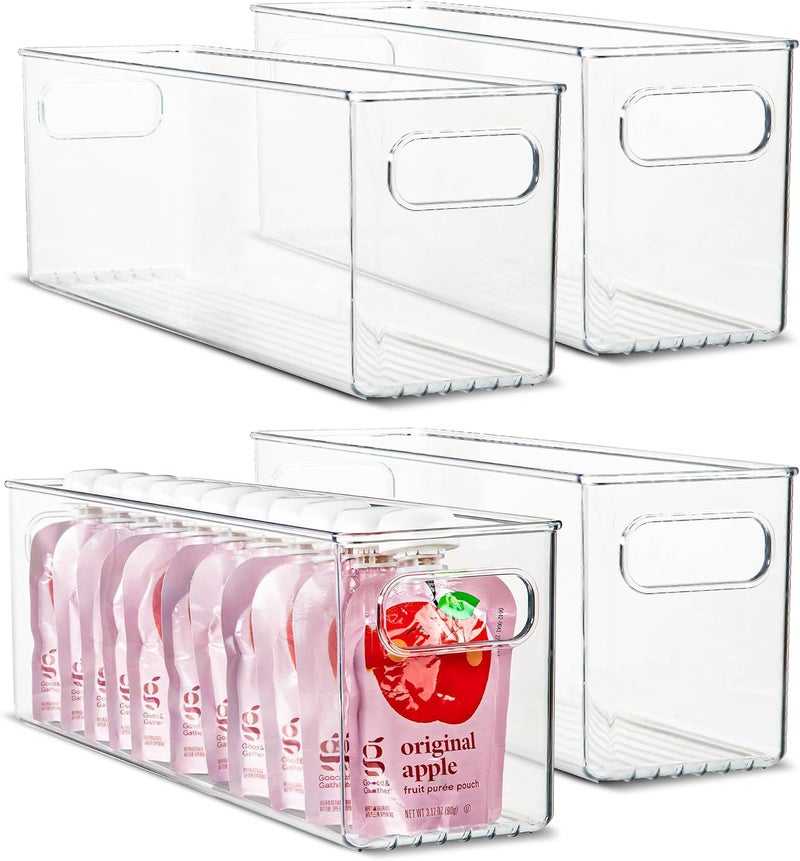 PrimeBox Plastic Food Storage 4 Pack Clear Container Bin with Handles for Organizing Kitchen, Pantry, Refrigerator, Freezer, Pantry, Cabinet, Closet, Bathroom. 14”x4”x5” - Image 1