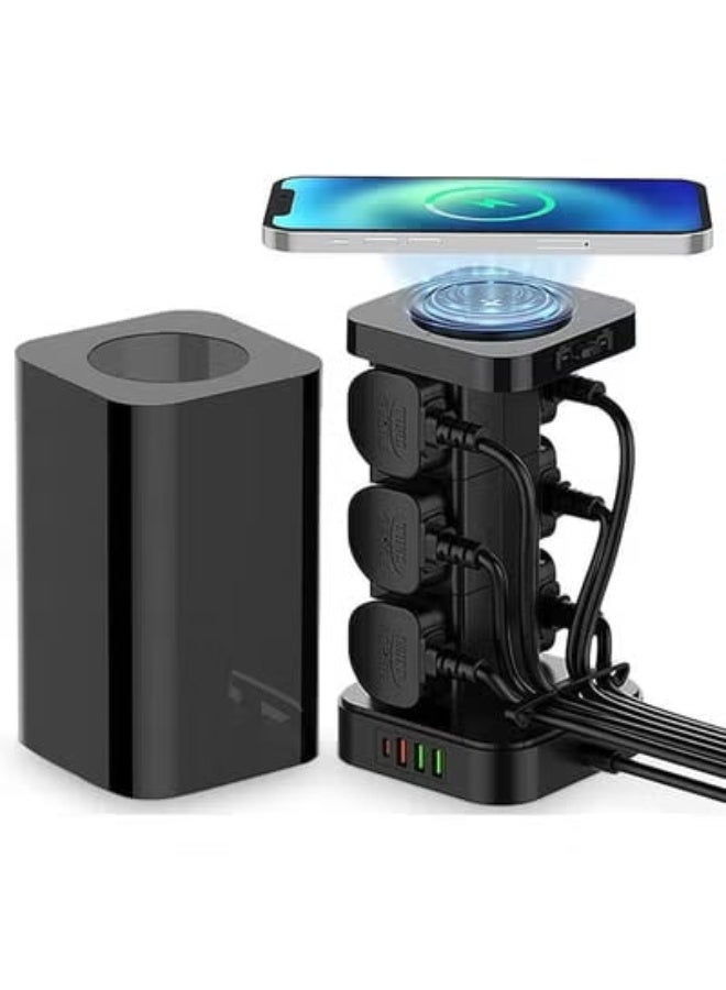 CELIBERY 3 in 1 Power Extension Cord With Wireless Charger, And Cable Management Box with lock,4 USB Ports (30W 1* PD,18W 1* QC3.0,2* USB-A), And 6 Outlets 2500W Power Socket for Home, Office And More - Image 1