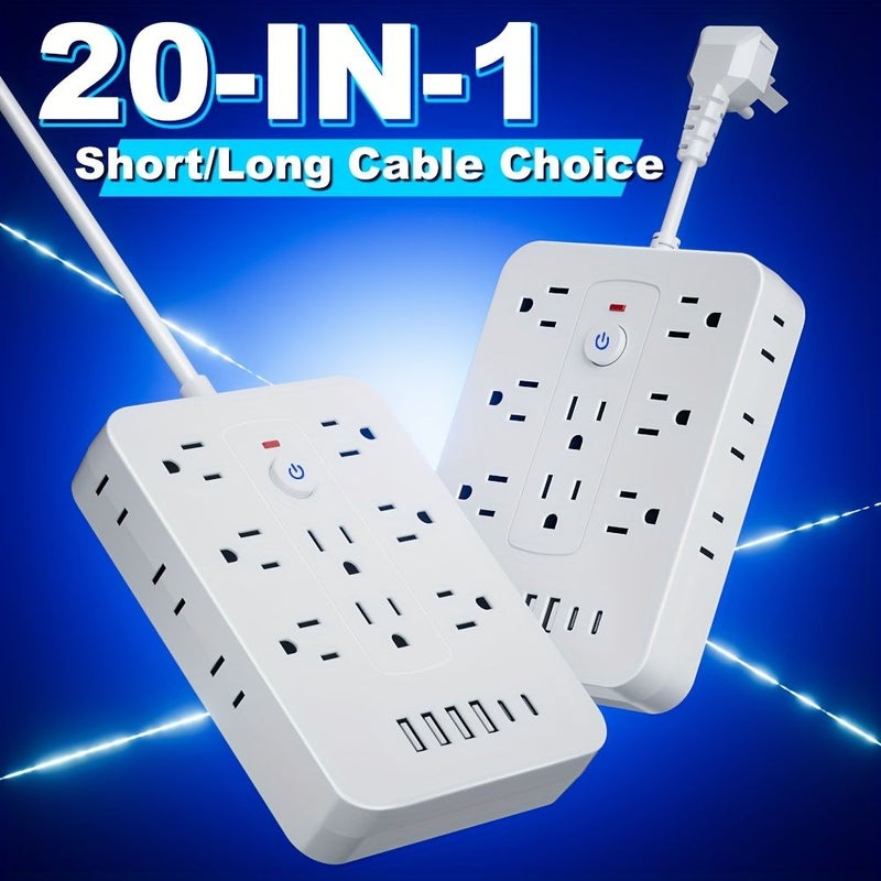 مقبس طاقة بتقنية 20 في 1 مع 14 منفذ تيار متردد و4 منافذ USB ومنفذي Type C، سلك قصير أبيض مع حماية من الحمل الزائد، مقابس متعددة للاستخدام المنزلي والمكتبي والسفر. - Image 5