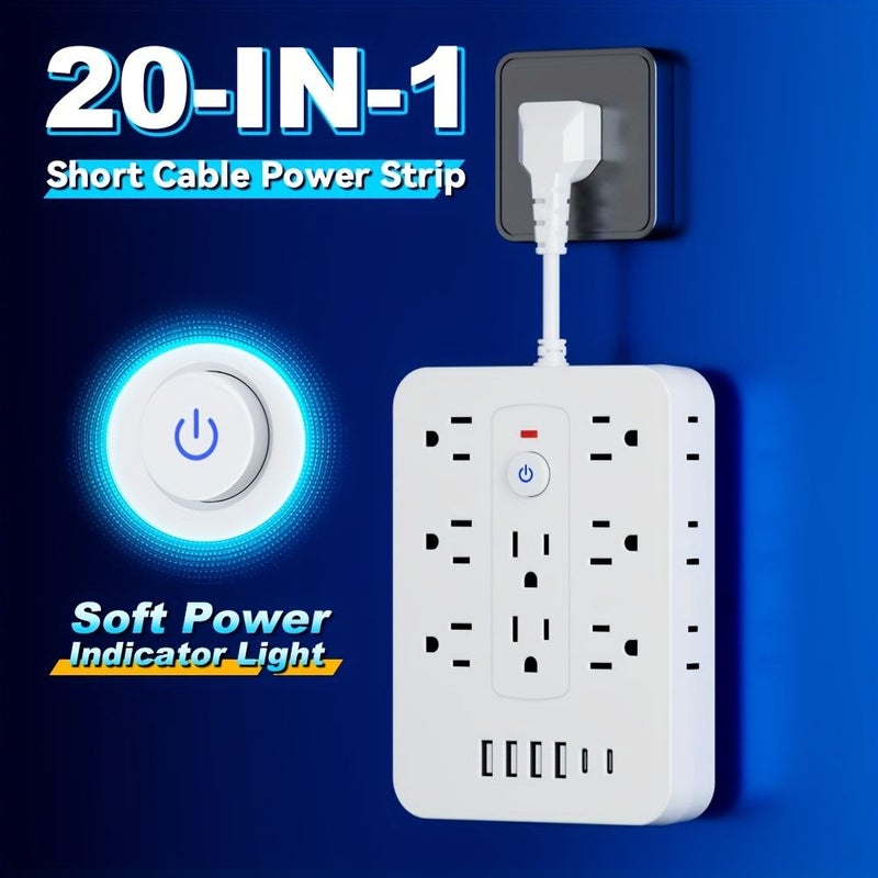 مقبس طاقة بتقنية 20 في 1 مع 14 منفذ تيار متردد و4 منافذ USB ومنفذي Type C، سلك قصير أبيض مع حماية من الحمل الزائد، مقابس متعددة للاستخدام المنزلي والمكتبي والسفر. - Image 1