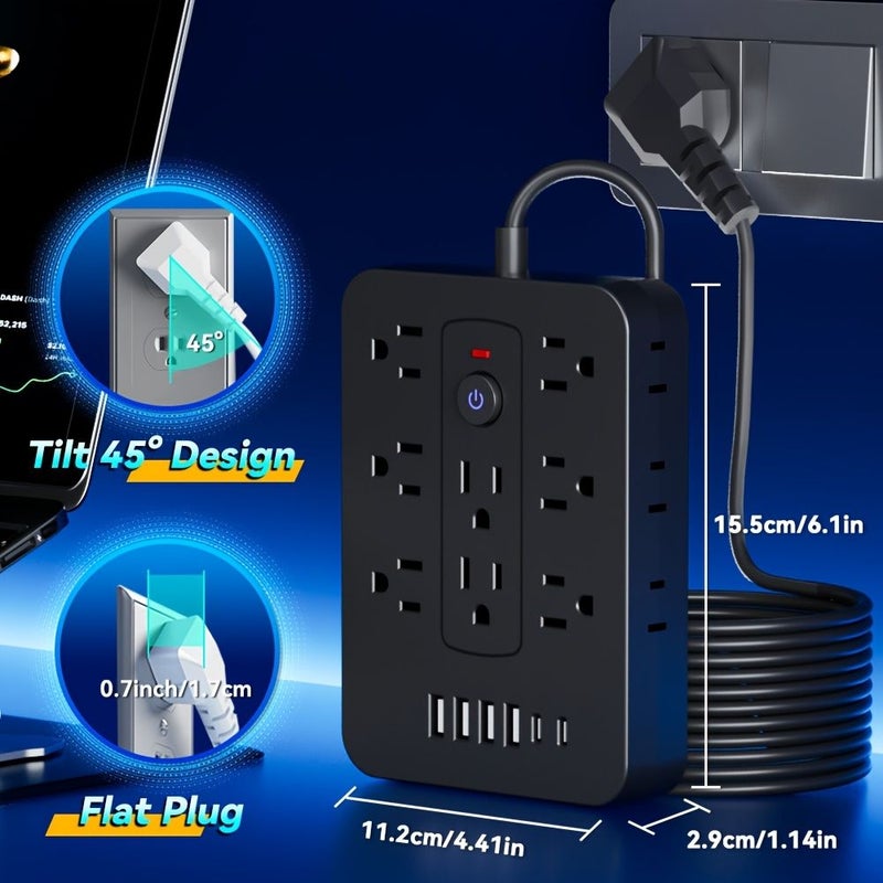 مقبس طاقة بتقنية 20 في 1 مع 14 منفذ تيار متردد و4 منافذ USB ومنفذي Type C، سلك قصير أبيض مع حماية من الحمل الزائد، مقابس متعددة للاستخدام المنزلي والمكتبي والسفر. - Image 4