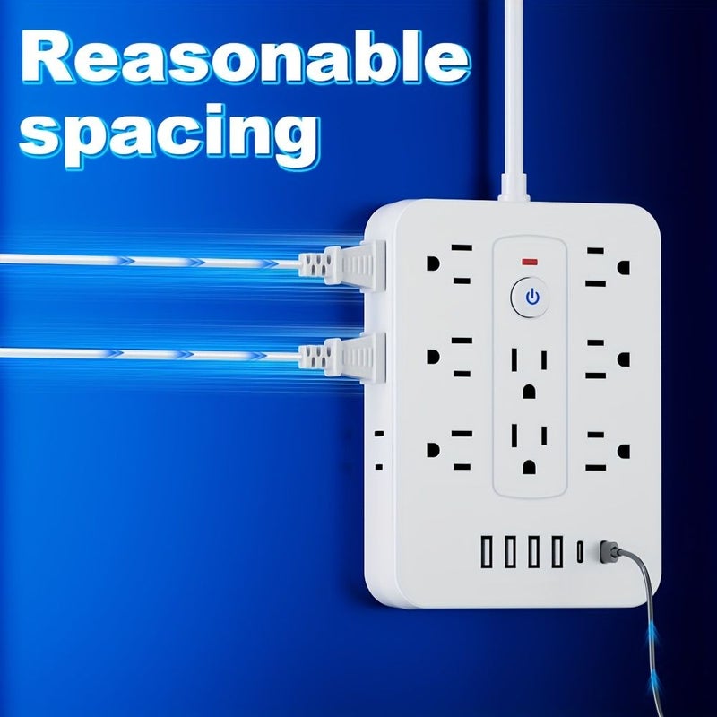 مقبس طاقة بتقنية 20 في 1 مع 14 منفذ تيار متردد و4 منافذ USB ومنفذي Type C، سلك قصير أبيض مع حماية من الحمل الزائد، مقابس متعددة للاستخدام المنزلي والمكتبي والسفر. - Image 2