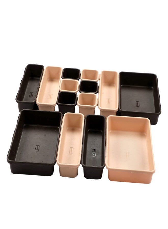 Cutting EDGE Interlocking Drawer Organizer Set of 14, Divider/Separator Plastic Trays for Flatware, Cutlery & Desk Storage for Household, Kitchen & Office (Brown & Beige) - Image 2