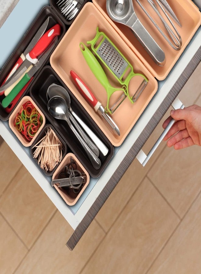 Cutting EDGE Interlocking Drawer Organizer Set of 14, Divider/Separator Plastic Trays for Flatware, Cutlery & Desk Storage for Household, Kitchen & Office (Brown & Beige) - Image 3