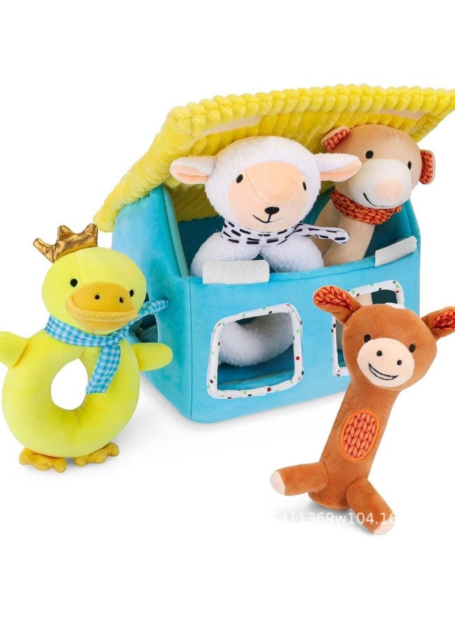 Baby Rattle Plush Soft Hand Stick Animal Baby Toy 3-12 Months Newborn Gift Suit-Color:House 4-piece Set - Image 1