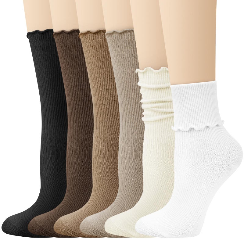 Justay 6 Pairs Ruffle Socks Soft Cute Frilly Turn-Cuff Long Casual Slouch Cotton Crew Socks for Women Gifts - Image 1
