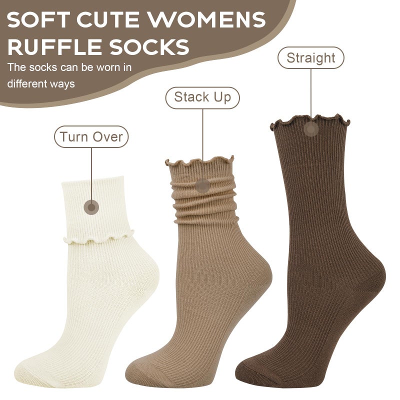 Justay 6 Pairs Ruffle Socks Soft Cute Frilly Turn-Cuff Long Casual Slouch Cotton Crew Socks for Women Gifts - Image 3