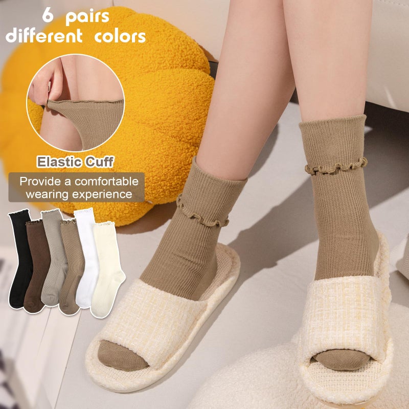Justay 6 Pairs Ruffle Socks Soft Cute Frilly Turn-Cuff Long Casual Slouch Cotton Crew Socks for Women Gifts - Image 5