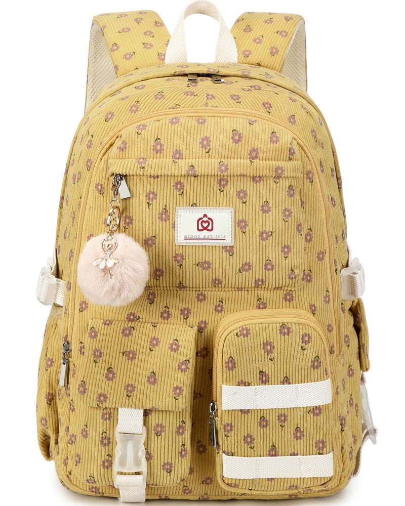 Hidds School Backpack for Teens Girls Women 156 Inch College Backpacks Corduroy Work Bag Kids Middle High School Bookbag Students Back Pack Anti Theft Travel Daypack WomensCorduroy Khaki Floral - Image 2