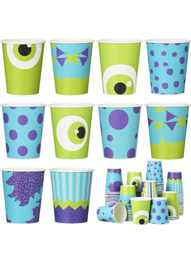 Vesici 100 Pcs Monster Party Supplies 9 oz Disposable Paper Cups Cartoon Blue Purple Green Monster Themed Party Cups for Girl Boy Birthday Baby Shower Decorations - Image 1