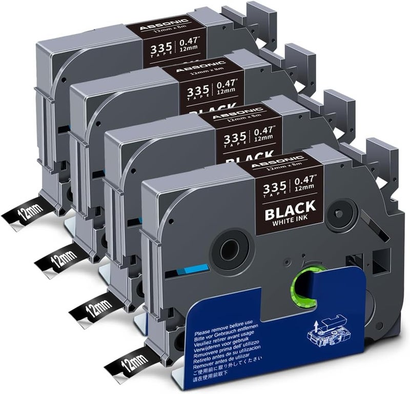 Absonic Compatible Label Tape Replacement for Brother Tze-335 Tze 335 12mm 0.47 1/2 Inch Laminated Black Tape White on Black Tze TZ Tape for PT-D210 PT-H110 PT-D600 PT-D400 PT-1880 Label Maker, 4-Pack - Image 1