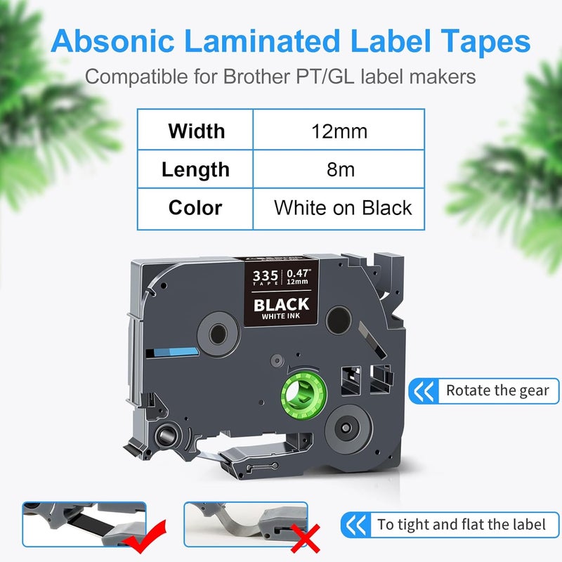 Absonic Compatible Label Tape Replacement for Brother Tze-335 Tze 335 12mm 0.47 1/2 Inch Laminated Black Tape White on Black Tze TZ Tape for PT-D210 PT-H110 PT-D600 PT-D400 PT-1880 Label Maker, 4-Pack - Image 2