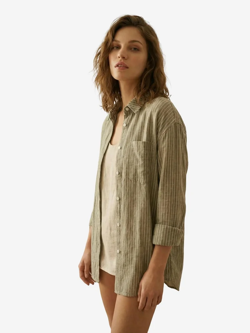 My Fashion Khaki Green MY FASHION Oversized Striped Long-Sleeve Cotton Poplin Shirt for Women | Best Price UAE