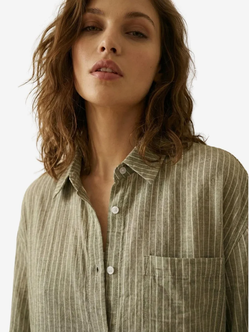 My Fashion Khaki Green MY FASHION Oversized Striped Long-Sleeve Cotton Poplin Shirt for Women | Best Price UAE