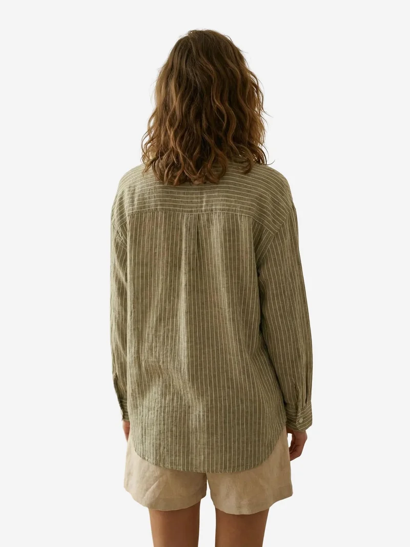 My Fashion Khaki Green MY FASHION Oversized Striped Long-Sleeve Cotton Poplin Shirt for Women | Best Price UAE