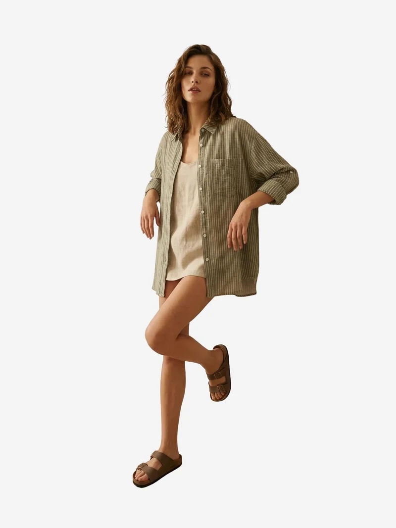 ماي فاشن MY FASHION Oversized Striped Long-Sleeve Cotton Poplin Shirt