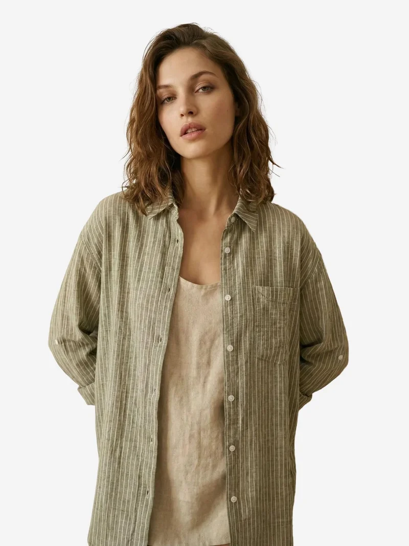 My Fashion Khaki Green MY FASHION Oversized Striped Long-Sleeve Cotton Poplin Shirt for Women | Best Price UAE