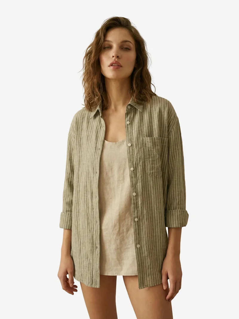 ماي فاشن MY FASHION Oversized Striped Long-Sleeve Cotton Poplin Shirt