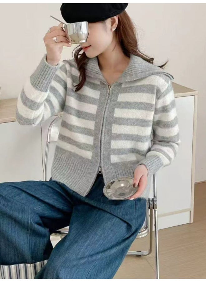 Leyuan Autumn/winter Color-block Striped Turn-down Collar Double Zipper Knitted Cardigan Coat Loose Casual Women's Sweater - Image 3