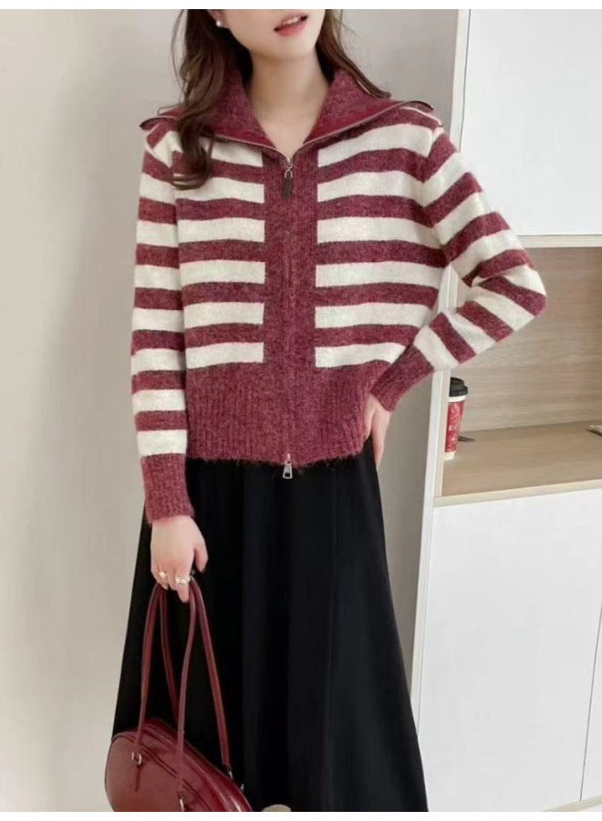 Leyuan Autumn/winter Color-block Striped Turn-down Collar Double Zipper Knitted Cardigan Coat Loose Casual Women's Sweater - Image 4