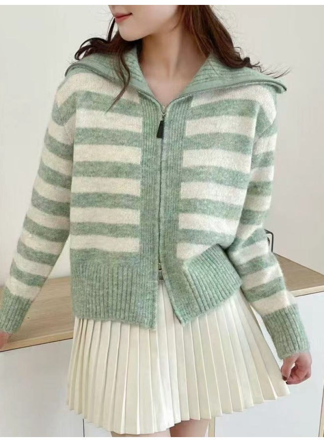 Leyuan Autumn/winter Color-block Striped Turn-down Collar Double Zipper Knitted Cardigan Coat Loose Casual Women's Sweater - Image 5