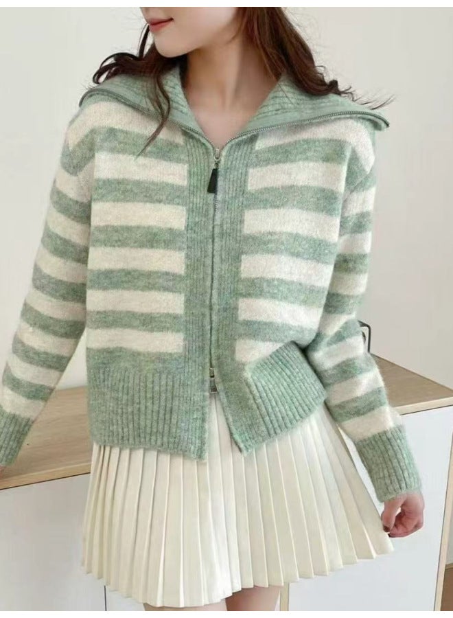 Leyuan Autumn/winter Color-block Striped Turn-down Collar Double Zipper Knitted Cardigan Coat Loose Casual Women's Sweater - Image 2