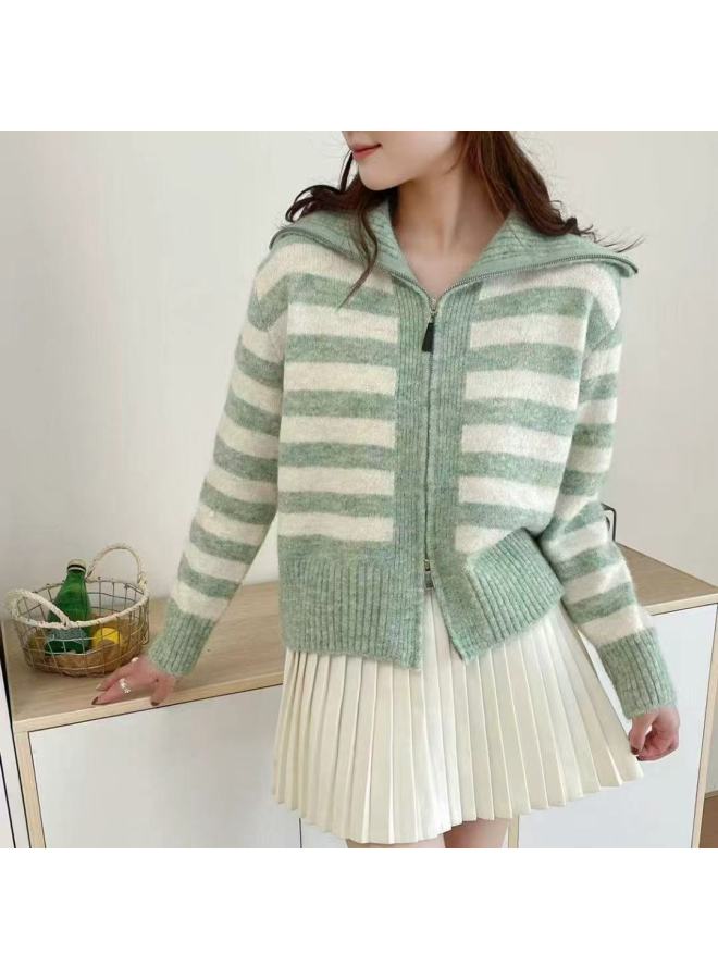 Leyuan Autumn/winter Color-block Striped Turn-down Collar Double Zipper Knitted Cardigan Coat Loose Casual Women's Sweater - Image 1