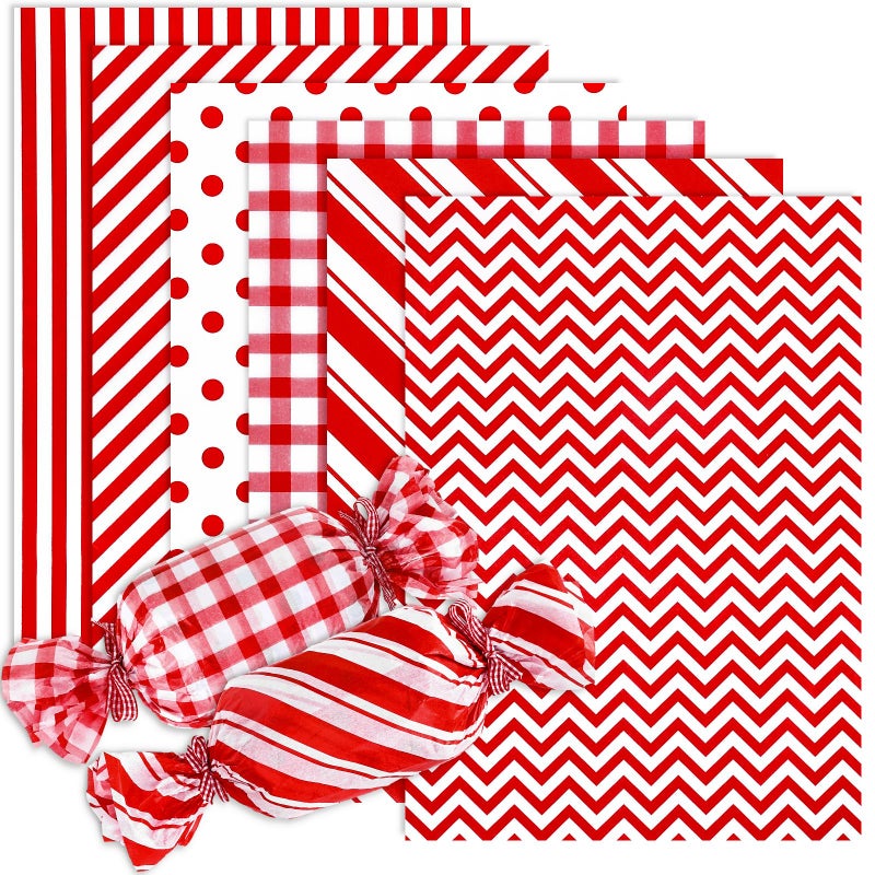 Whaline 120 Sheets Minimalists Christmas Tissue Paper Plaids Dots Stripes Print Gift Wrapping Paper Red White Art Craft Gift Packing for DIY Wedding Anniversary Birthday Baby Shower Holiday Party